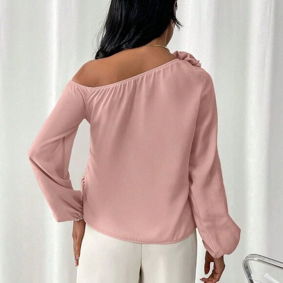 Baby Pink Elegant Women's Irregular Shoulder Shirt With 3d Flower Decoration - Picture 2 of 5